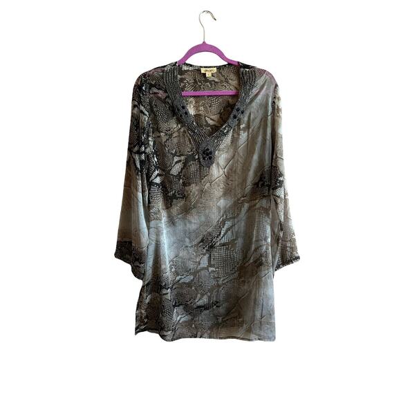 AKARU Dubai Beaded Accent Tunic Shirt Long Sleeve Loose top Sz L Cream Brown - Picture 4 of 9